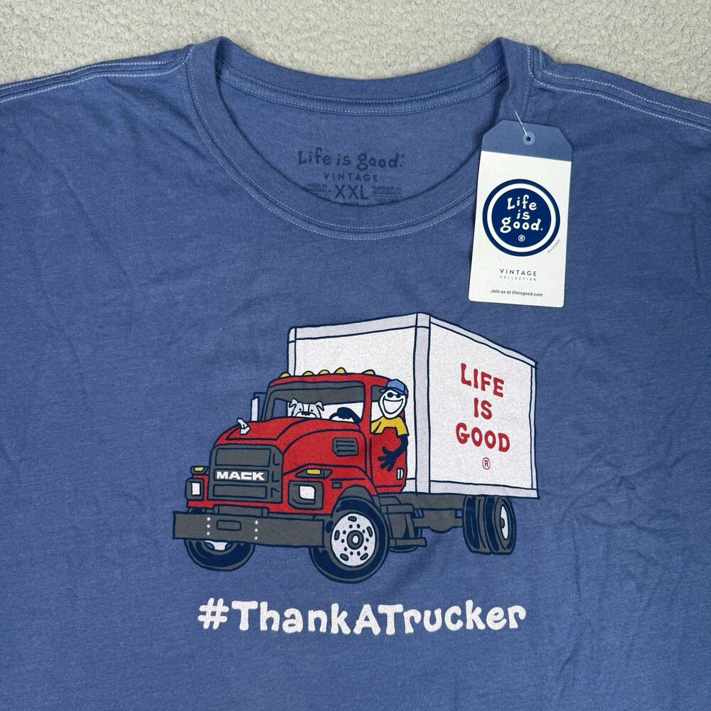 Life Is Good Shirt Mens XXL 2XL Blue Mack Trucks Thank A Trucker Crusher Tee NWT